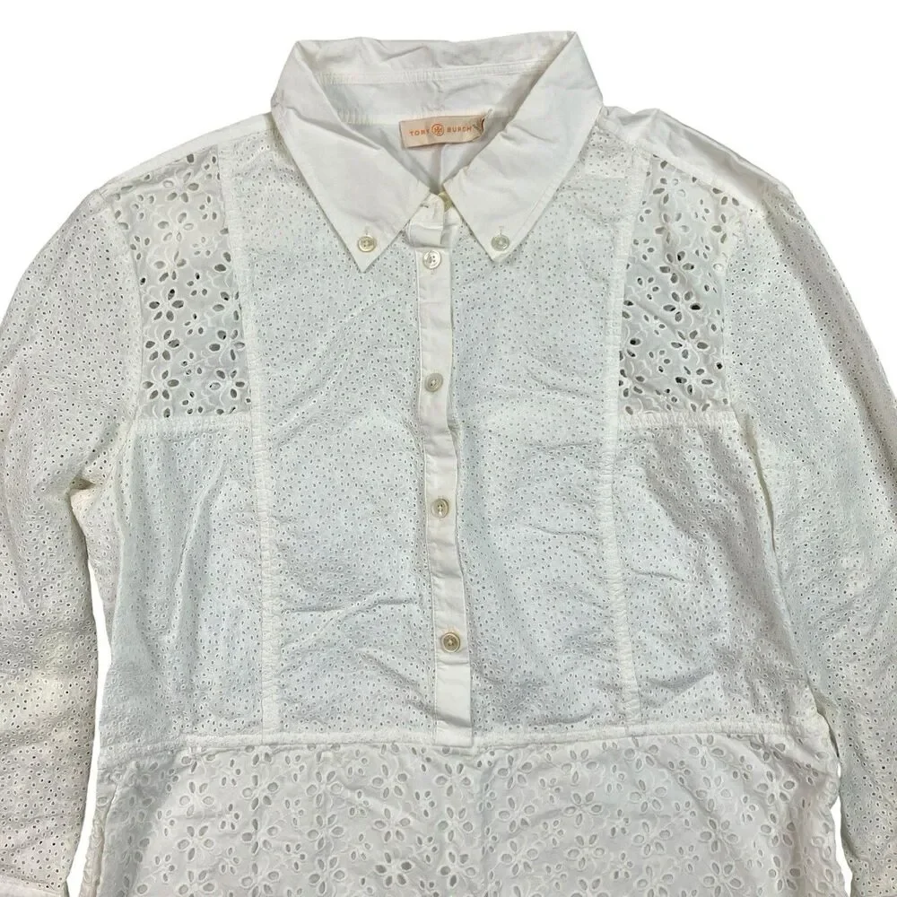 Tory Burch Shirt Dress Womens 12 White Cotton Eyelet Lace Bell Sleeve Vacation
